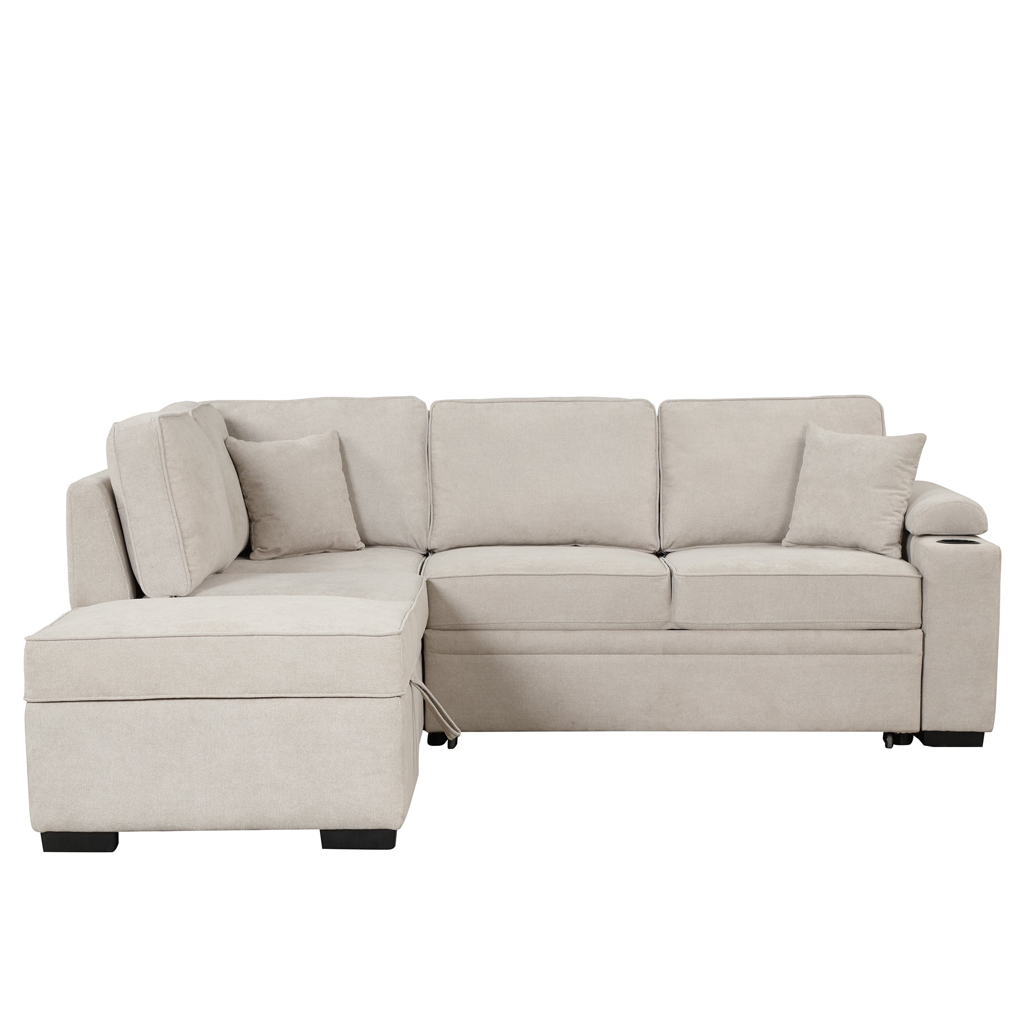 2 in 1 Sleeper Sofa Bed with Storage Ottoman, Beige Linen Upholstery, 84.75' L Shape Couch for Small Spaces - Grand Goldman Shop