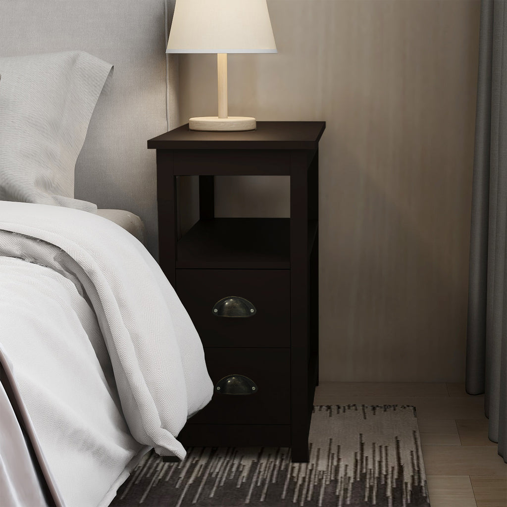 End Table Narrow Nightstand With Two Drawers And Open Shelf-Brown - Grand Goldman Shop