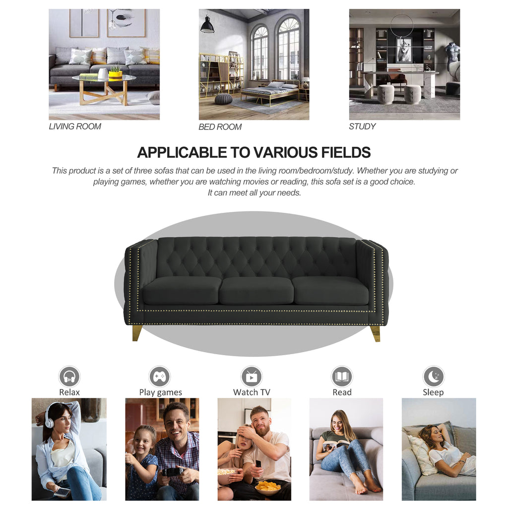 Modern Black Velvet Sofa with Button Tufting and Metal Legs, 3-Seater Couch for Living Room or Bedroom, Upholstered in Soft Velvet with Solid Wood Frame - Grand Goldman Shop
