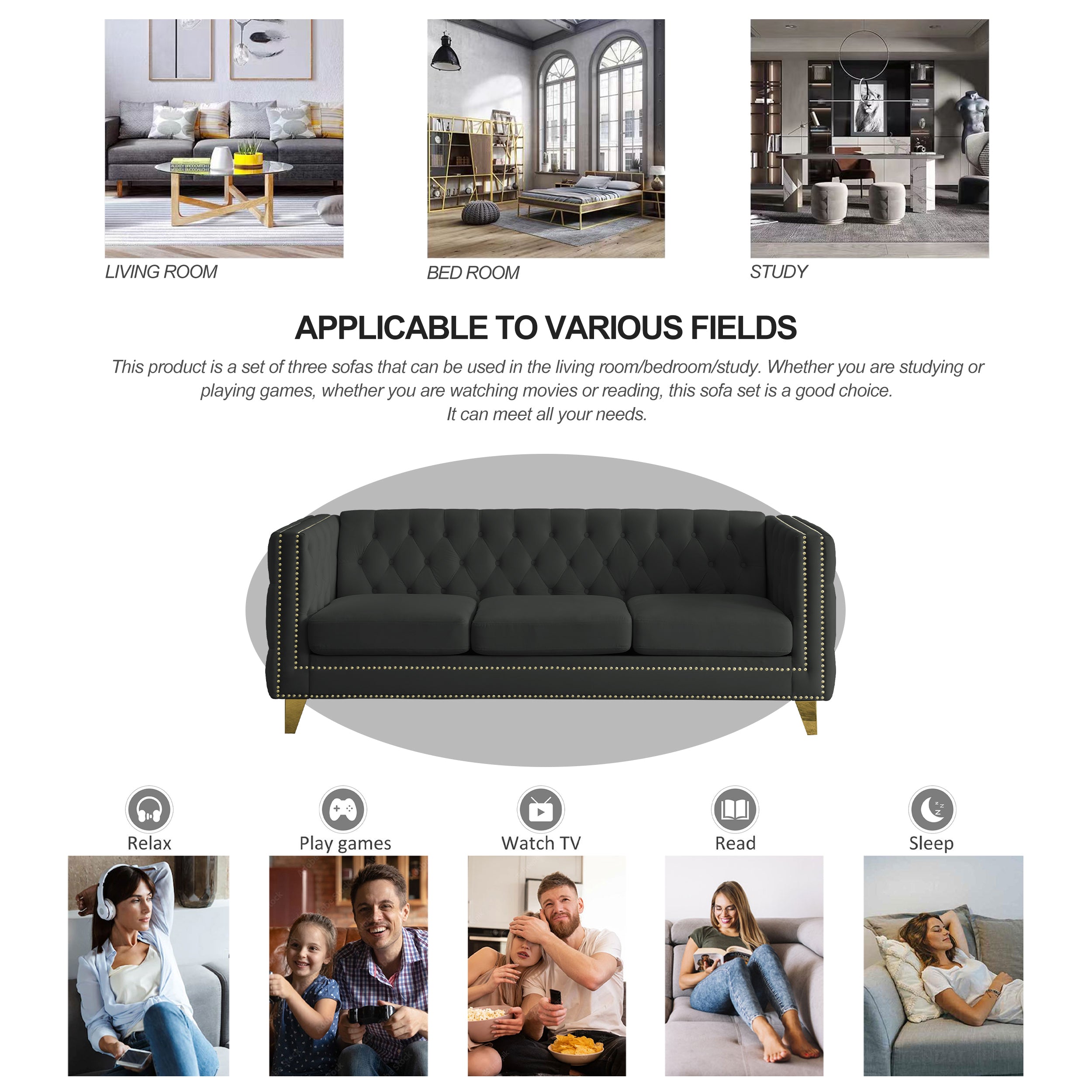 Modern Black Velvet Sofa with Button Tufting and Metal Legs, 3-Seater Couch for Living Room or Bedroom, Upholstered in Soft Velvet with Solid Wood Frame - Grand Goldman Shop
