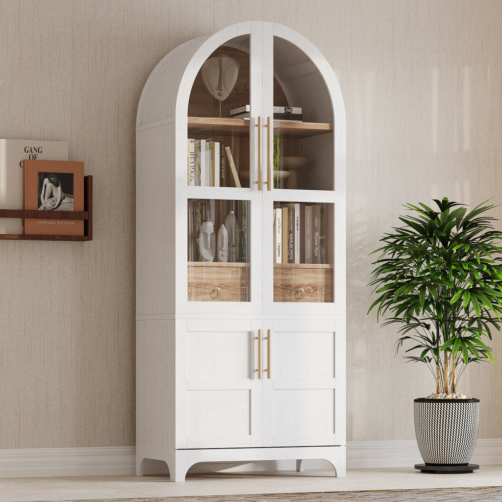 K&K 71' Tall Arched Kitchen Pantry Cabinet with Door Shelves, Farmhouse Kitchen Storage Cabinet with Open & Adjustable Shelves, Hidden Drawer & Glass Door, Cupboard for Kitchen, Dining Room, White - Grand Goldman Shop