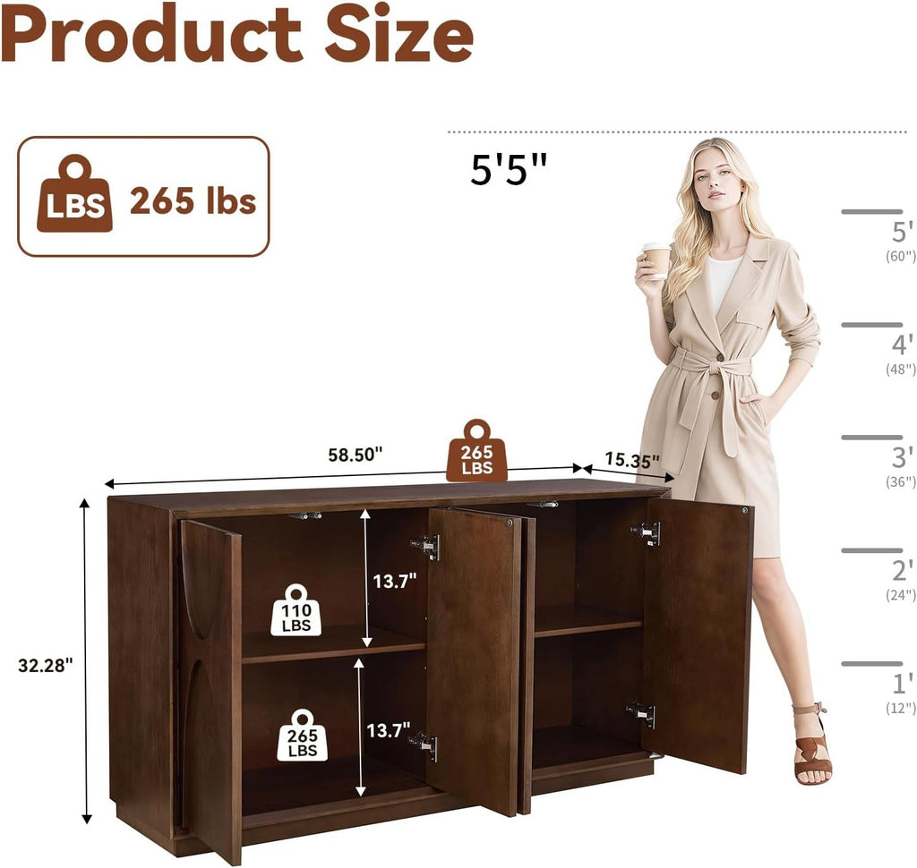 4 Door Accent Cabinet with Solid Wood Carved Doors, Adjustable Shelves, Push to Open Storage Cabinet with Cable Management, Ash Veneer Sideboard for Living Room, - Grand Goldman Shop
