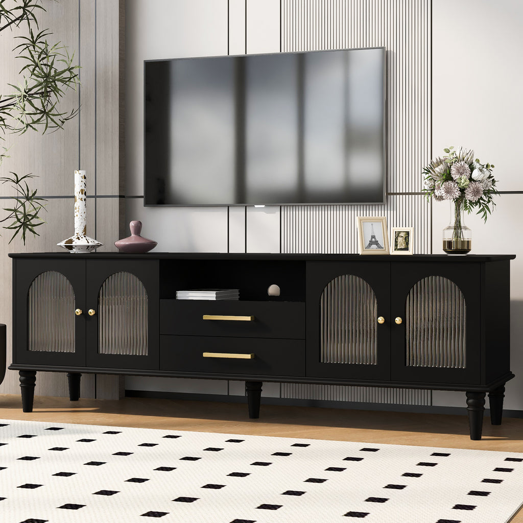 68.9'' Retro TV Stand for TVs up to 75 Inches, Entertainment Center Media Console with Fluted Glass Doors and Five Solid Wood Legs for Living room - Grand Goldman Shop