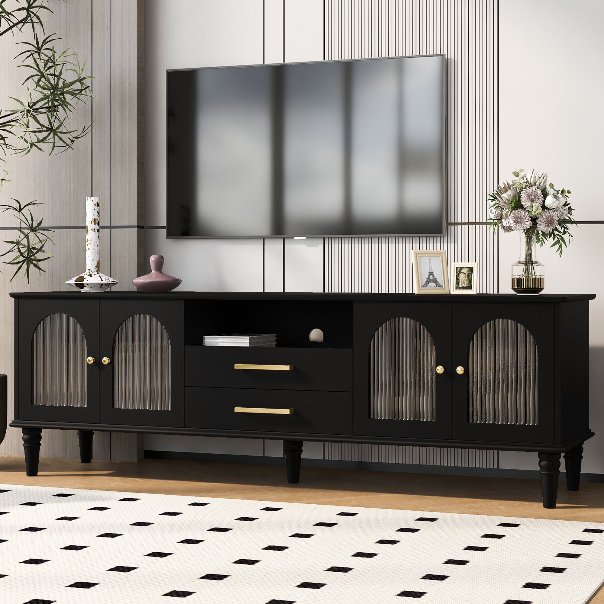 68.9'' Retro TV Stand for TVs up to 75 Inches, Entertainment Center Media Console with Fluted Glass Doors and Five Solid Wood Legs for Living room - Grand Goldman Shop