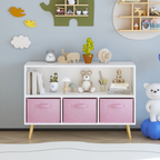 Modern Kids Bookcase with Collapsible Fabric Drawers, Children's Book Display & Toy Storage, White/Pink MDF & Pine Legs | Pre