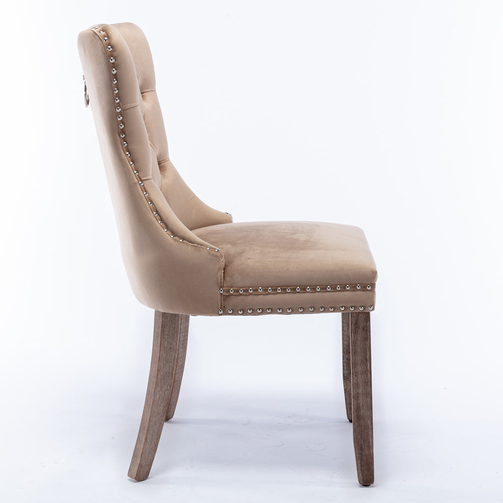 Nikki Collection Modern, High-end Tufted Solid Wood Contemporary Velvet Upholstered Dining Chair with Wood Legs Nailhead Trim 2-Pcs Set, Khaki, SW2001KK - Grand Goldman Shop