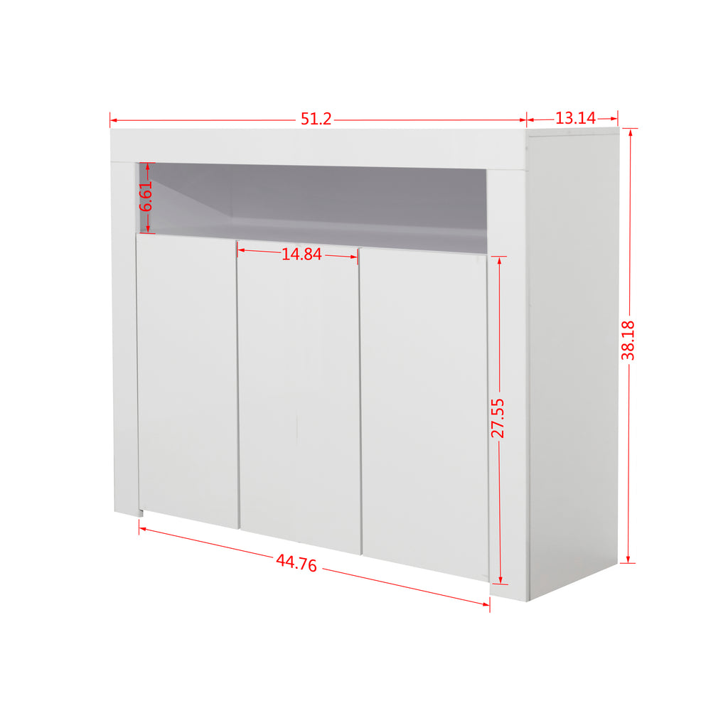 Living Room Sideboard Storage Cabinet WHITE  High Gloss with LED Light, Modern Kitchen Unit Cupboard Buffet Wooden Storage Display Cabinet TV Stand with 3 Doors for Hallway Dining Room - Grand Goldman Shop