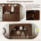 ON-TREND Farmhouse All-in-One Hall Tree with Adjustable Shelves, Retro Arched Entryway Storage Bench with 3 Cabinets, Wooden Coat Rack Organizer with 4 Golden Hooks for Mudroom, Hallway, Walnut - Grand Goldman Shop