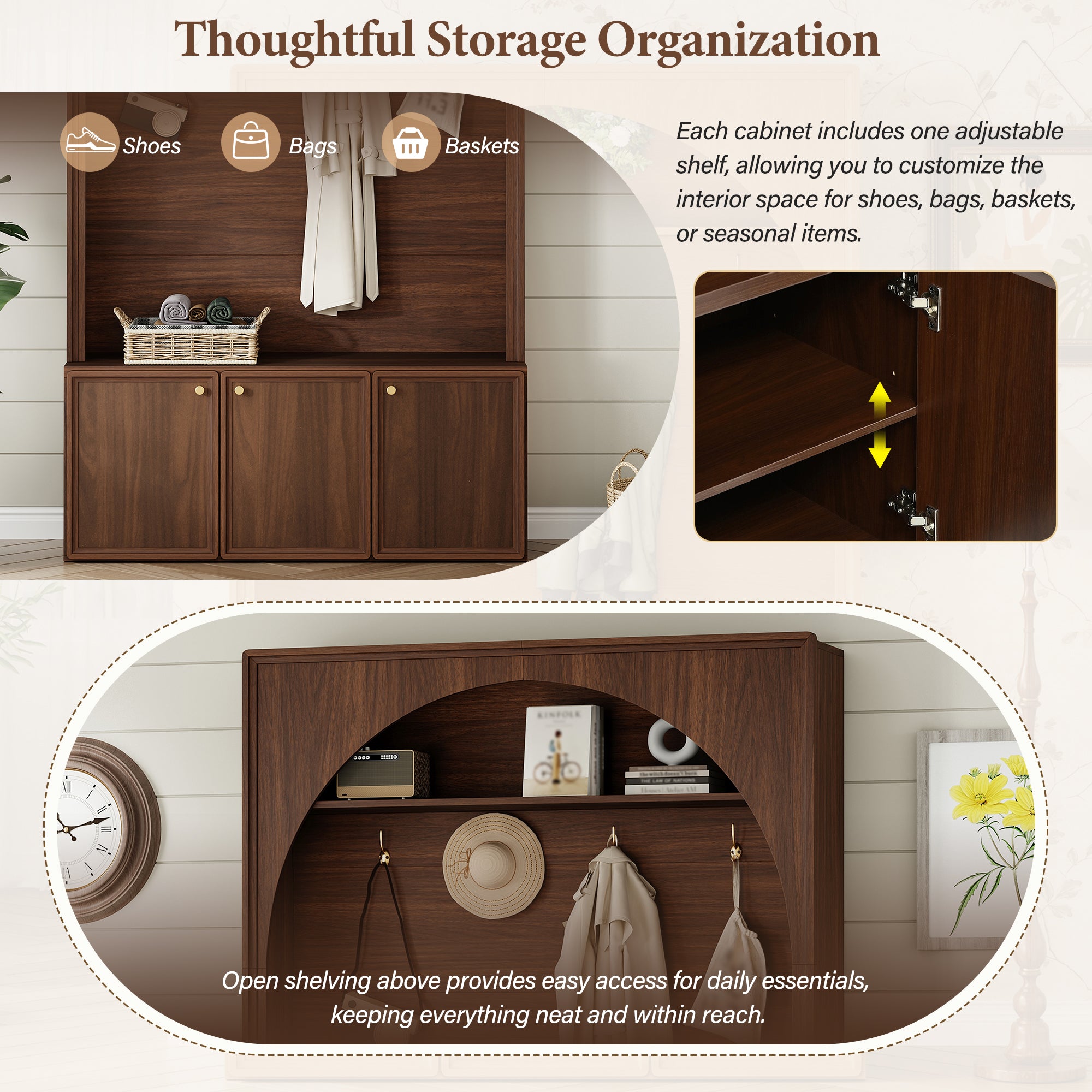 ON-TREND Farmhouse All-in-One Hall Tree with Adjustable Shelves, Retro Arched Entryway Storage Bench with 3 Cabinets, Wooden Coat Rack Organizer with 4 Golden Hooks for Mudroom, Hallway, Walnut - Grand Goldman Shop
