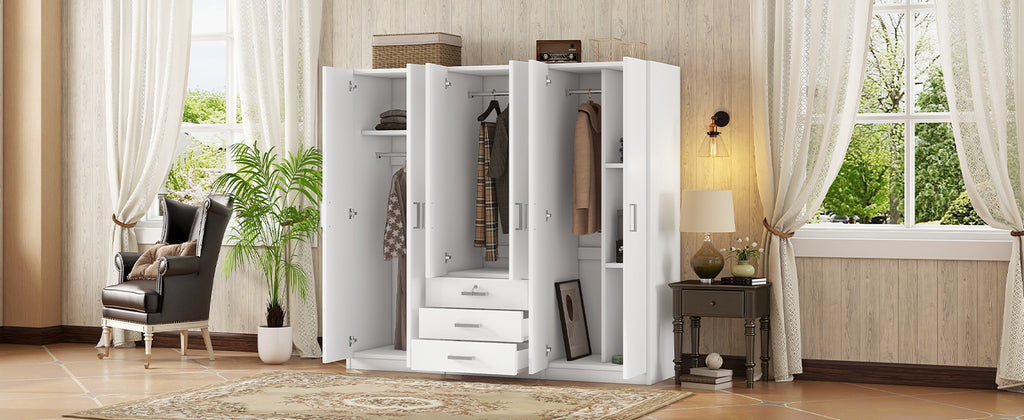 6-Doors Wooden Wardrobe Storage for Bedroom, with Big Drawers, White - Grand Goldman Shop