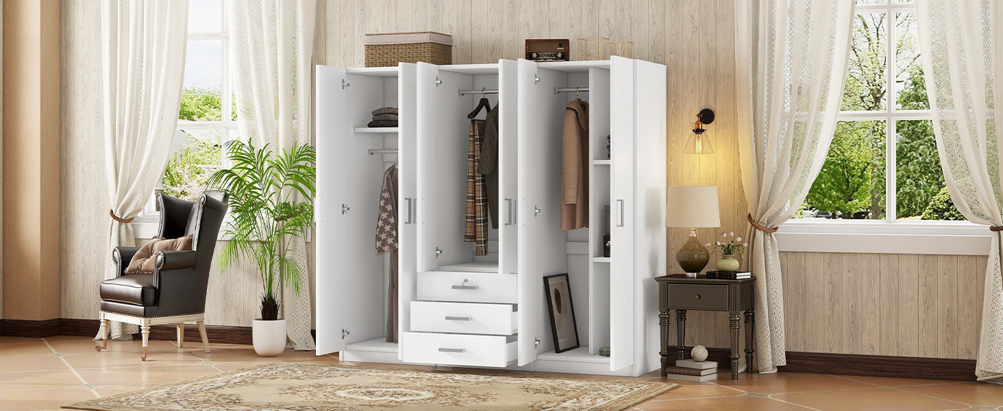 6-Doors Wooden Wardrobe Storage for Bedroom, with Big Drawers, White - Grand Goldman Shop