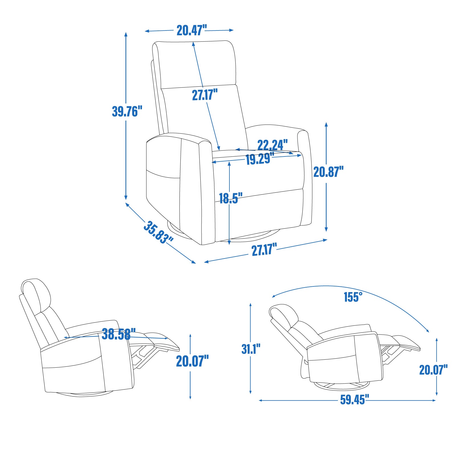 Heat Massage Manual Recliner Chair with Rocker and Swivel in Fabric for Living Room, Grey - Grand Goldman Shop