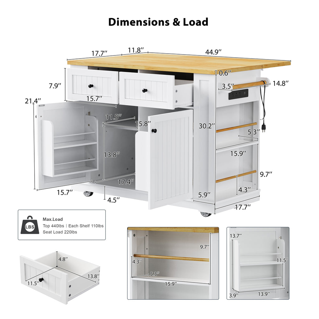 48 inch Kitchen Island with Drop Leaf,Power Outlet,Internal Storage Rack,Rolling Kitchen Storage Cart on 5 Wheels with 5 Open Side Racks for Kitchen,White (Old SKU N707P257057W)(Not Include Stools) - Grand Goldman Shop