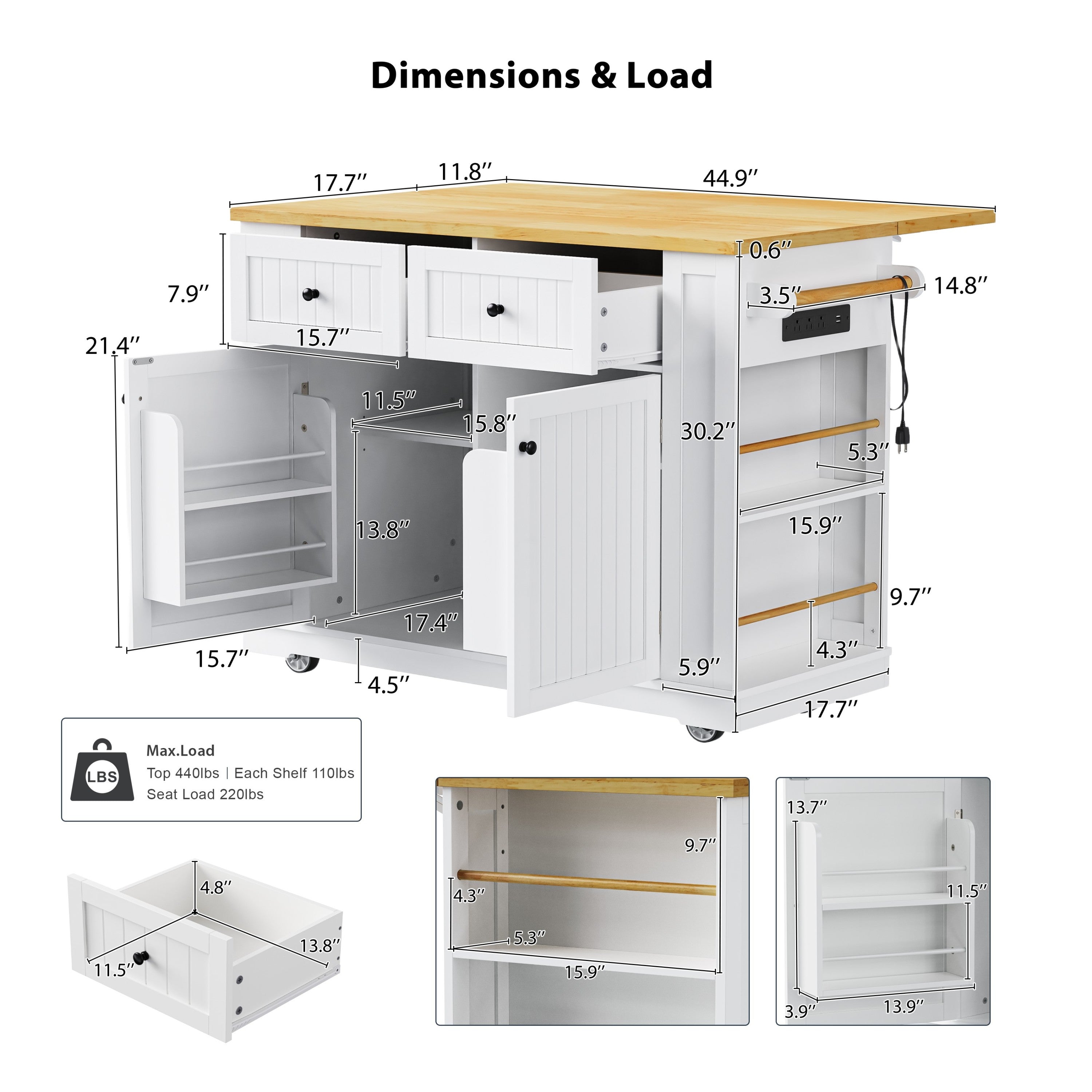 48 inch Kitchen Island with Drop Leaf,Power Outlet,Internal Storage Rack,Rolling Kitchen Storage Cart on 5 Wheels with 5 Open Side Racks for Kitchen,White (Old SKU N707P257057W)(Not Include Stools) - Grand Goldman Shop