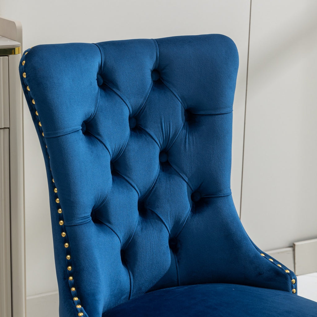 A&A Furniture,Nikki Collection Modern, High-end Tufted Solid Wood Contemporary Velvet Upholstered Dining Chair with Golden Stainless Steel Plating Legs,Nailhead Trim,Set of 2,Blue and Gold, SW1601BL - Grand Goldman Shop