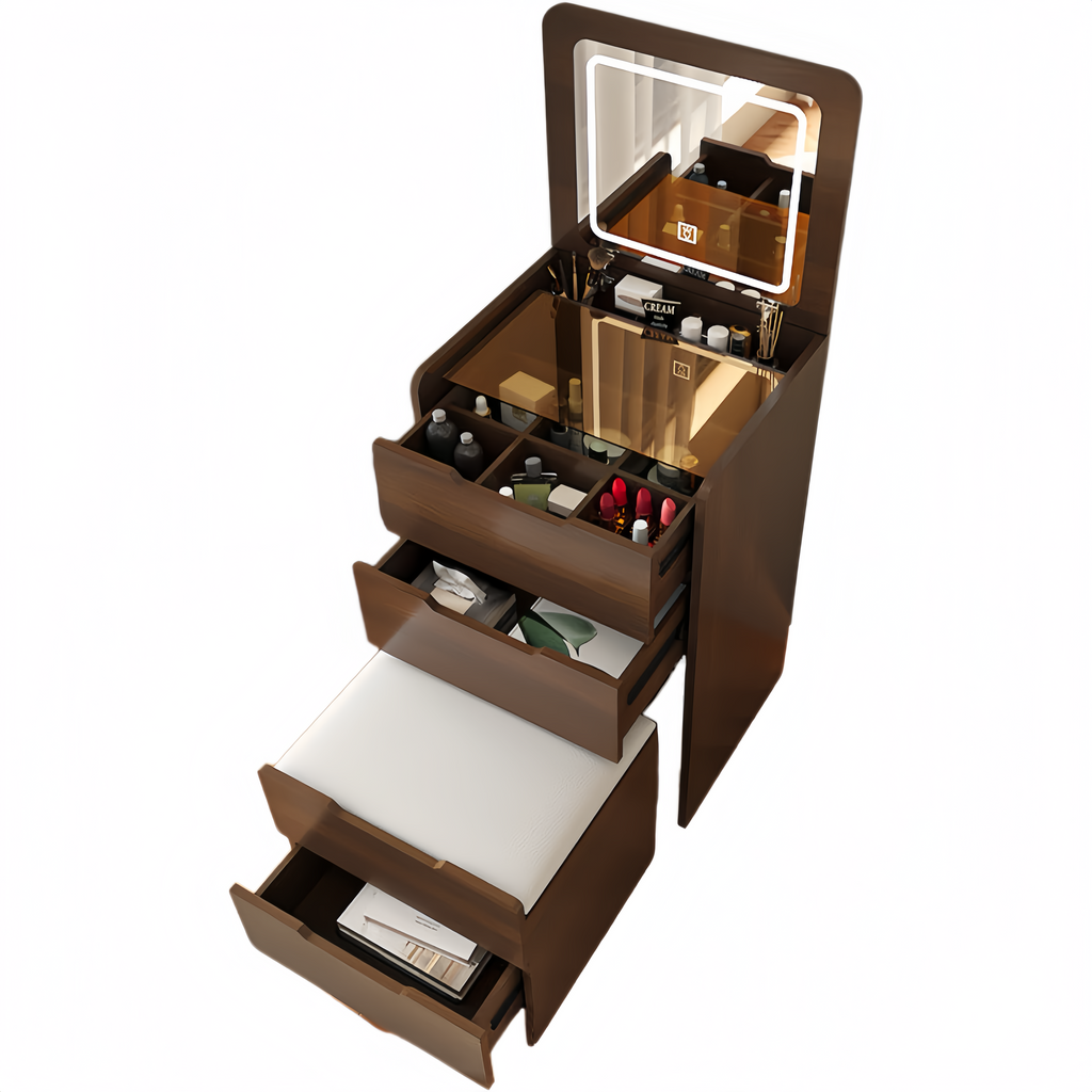 (48cm)(Walnut) 3 in 1 Vanity Desk with Plip Top Mirror,Small Make Up Vanity Set with Visible Glass Desktop, Compact Makeup Vanity with 3 Drawers, Dressing Table - Grand Goldman Shop