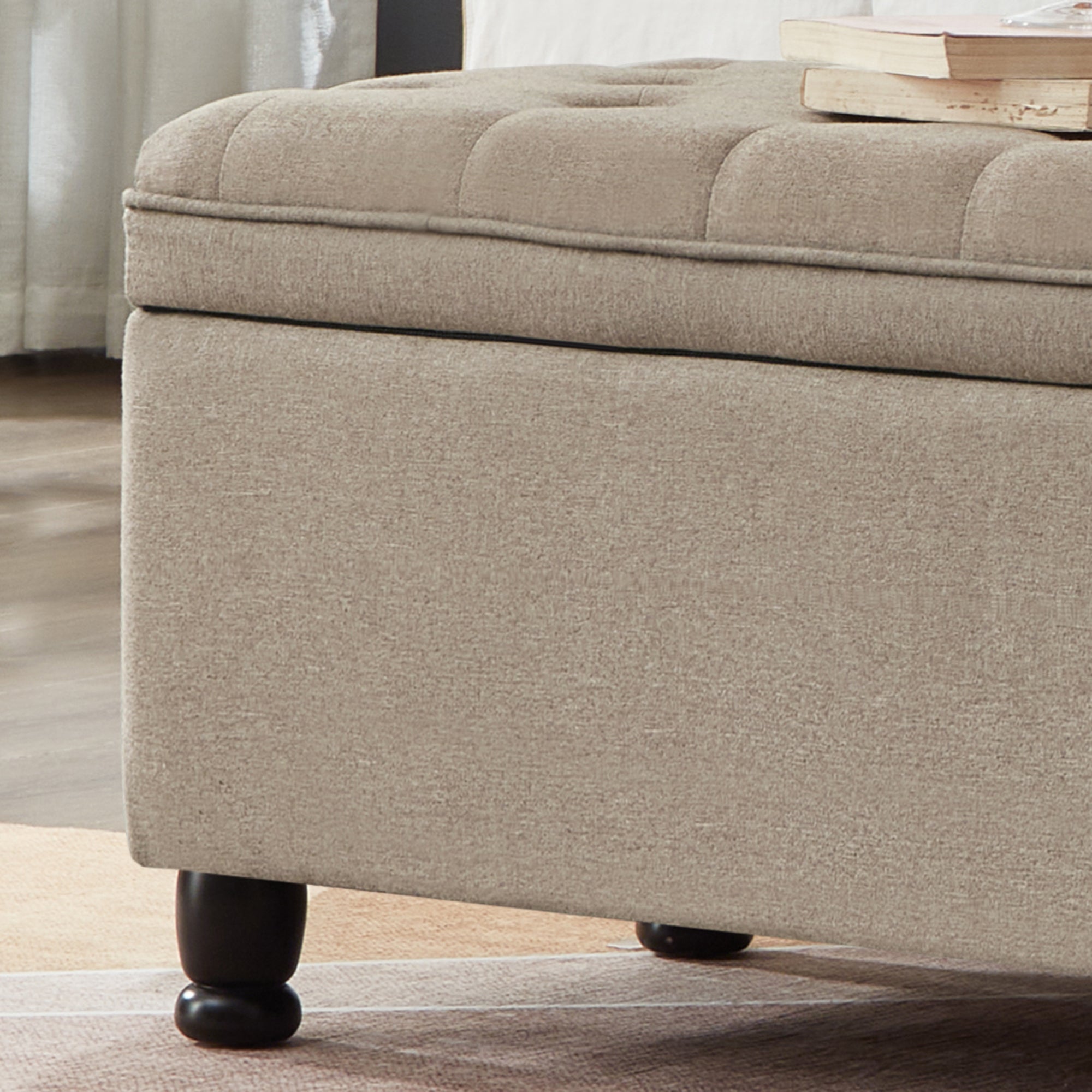 Upholstered tufted button storage bench ,Linen fabric entry bench with spindle wooden legs, Bed bench- Linen - Grand Goldman Shop