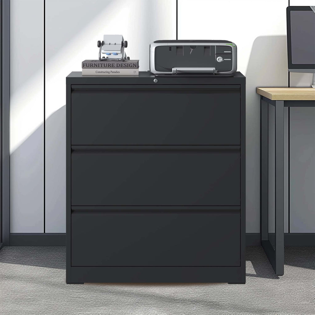Stylish 3 Drawer Lateral File Cabinet, 35.4 Inch Wide Metal Filing Cabinet, Locking Heavy Duty File Cabinet for Home Office, 