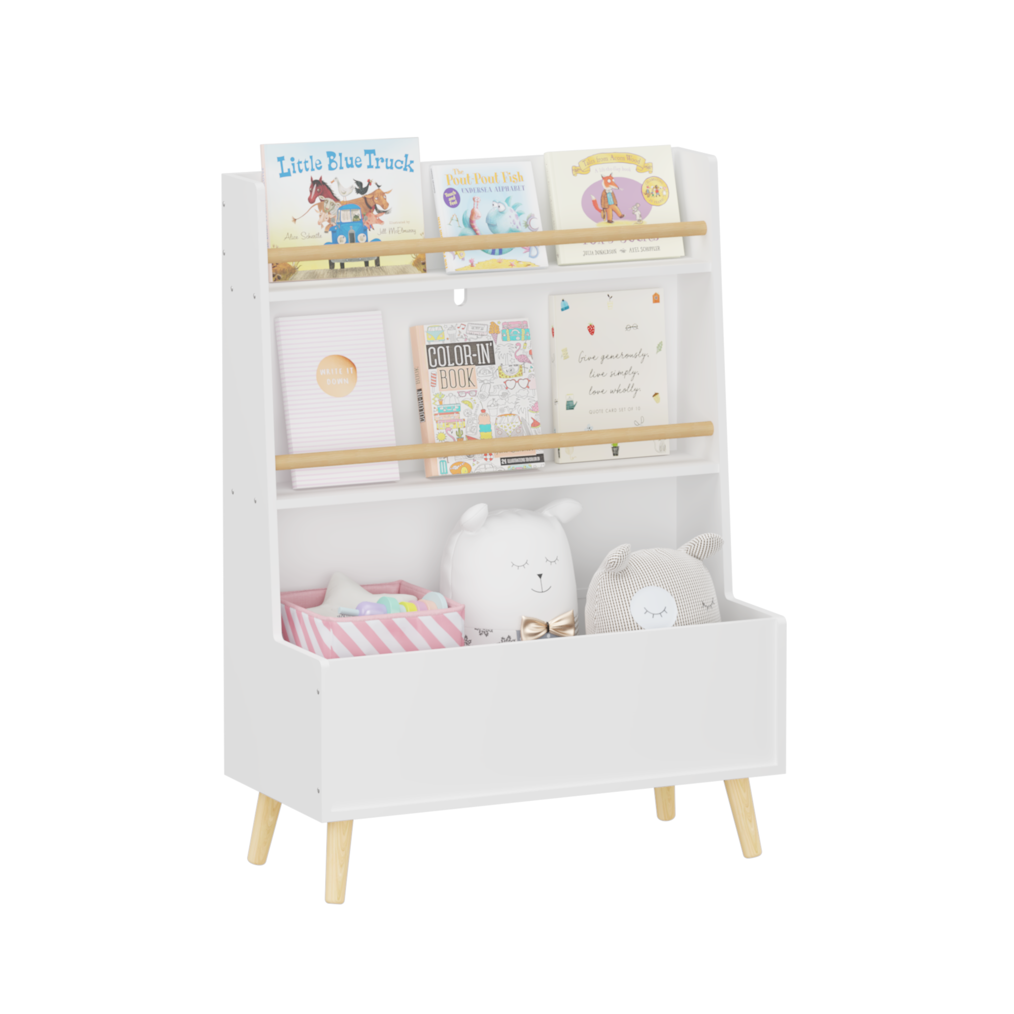 Kids Bookshelf White MDF and Pine Legs Book Organizer with Toy Storage, 26.77 x 12.60 x 36.61 inches - Grand Goldman