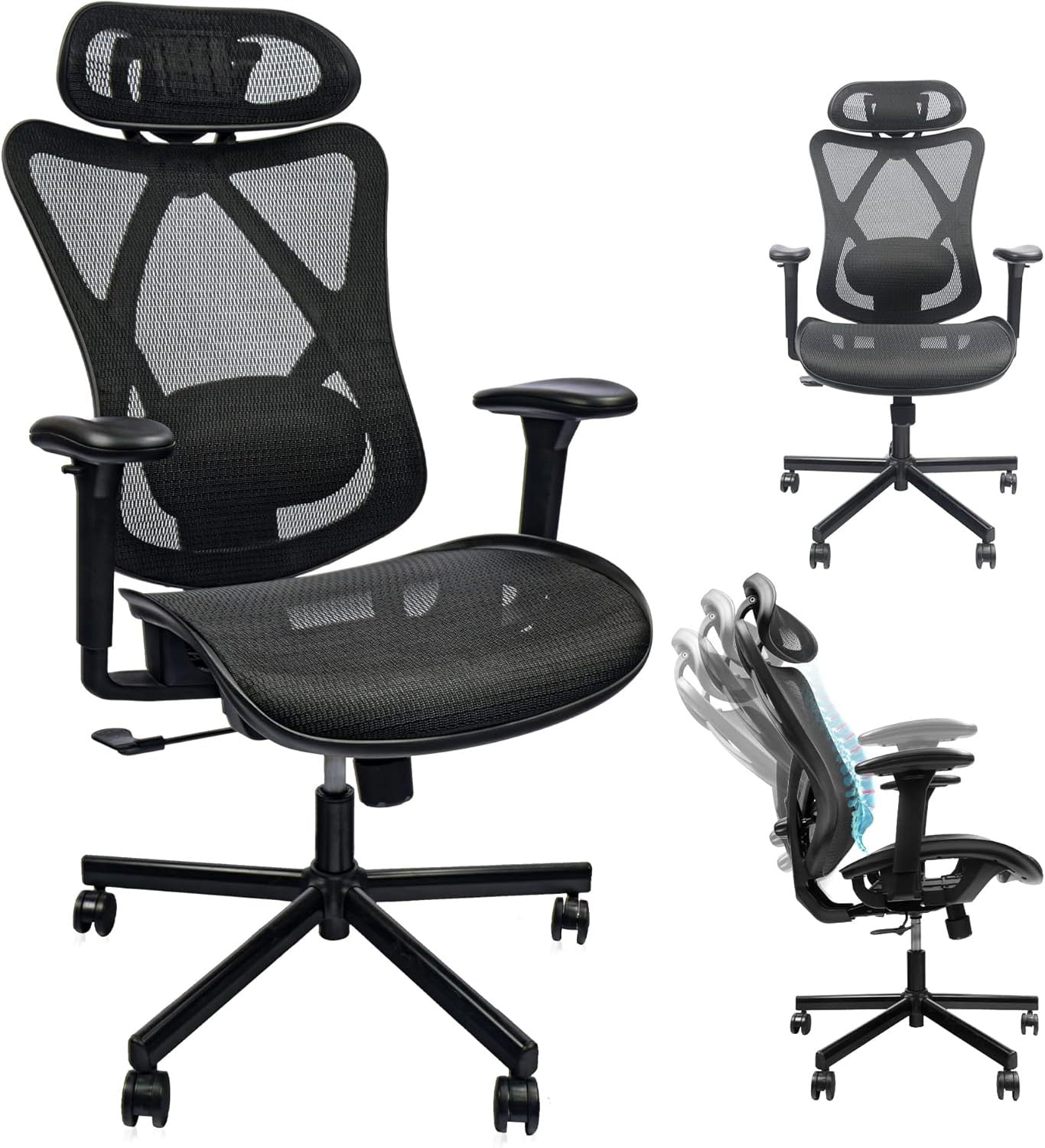 Mesh Office Chair,Ergonomic Office Chairs with Wheels,Adjustable Lumbar Support,Armrest,Headrest-Tilt High Back Desk Chair wi