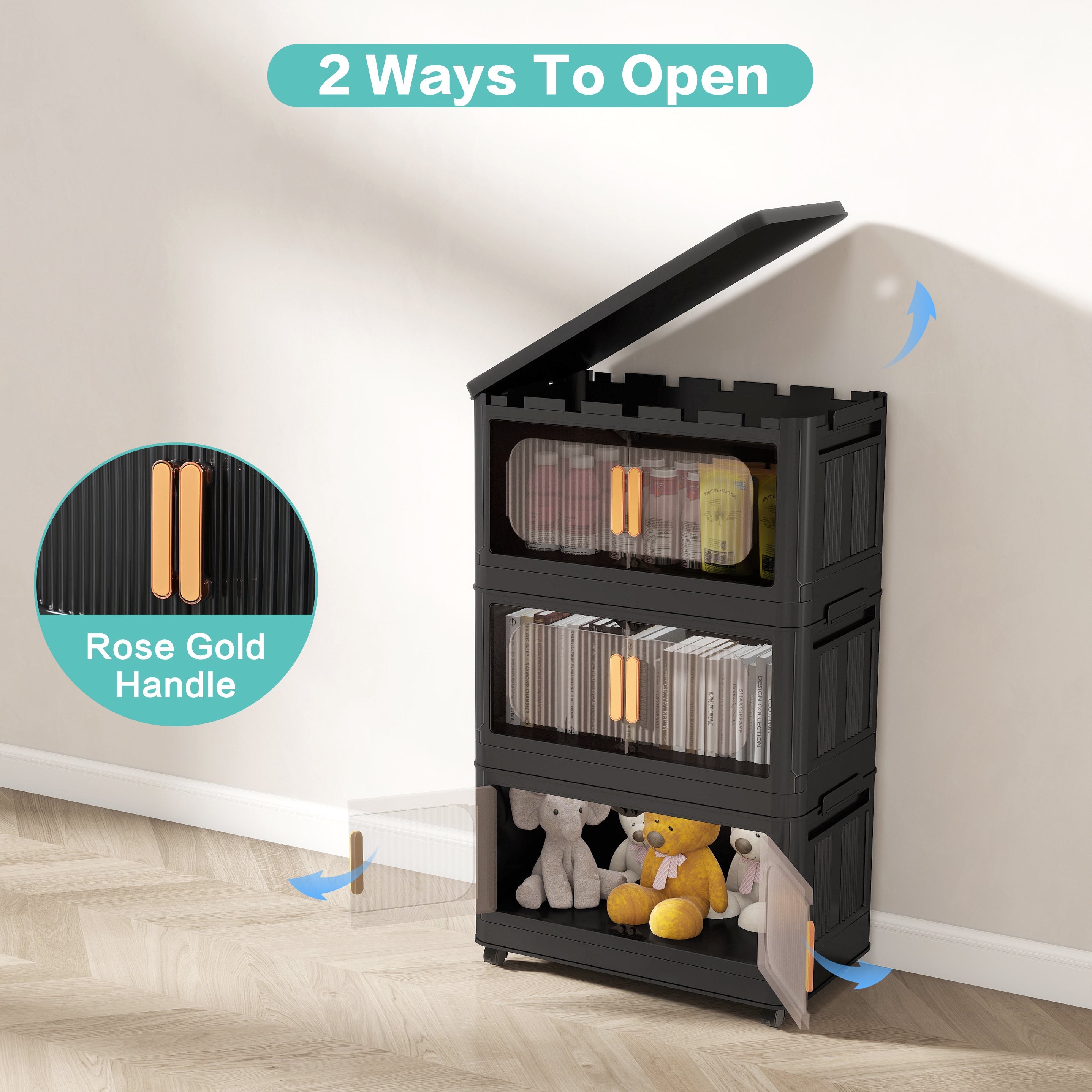 Folding Storage Cabinet 5-Tier 24-Inch Wide Black Plastic with Magnetic Doors and Wheels - Grand Goldman Shop