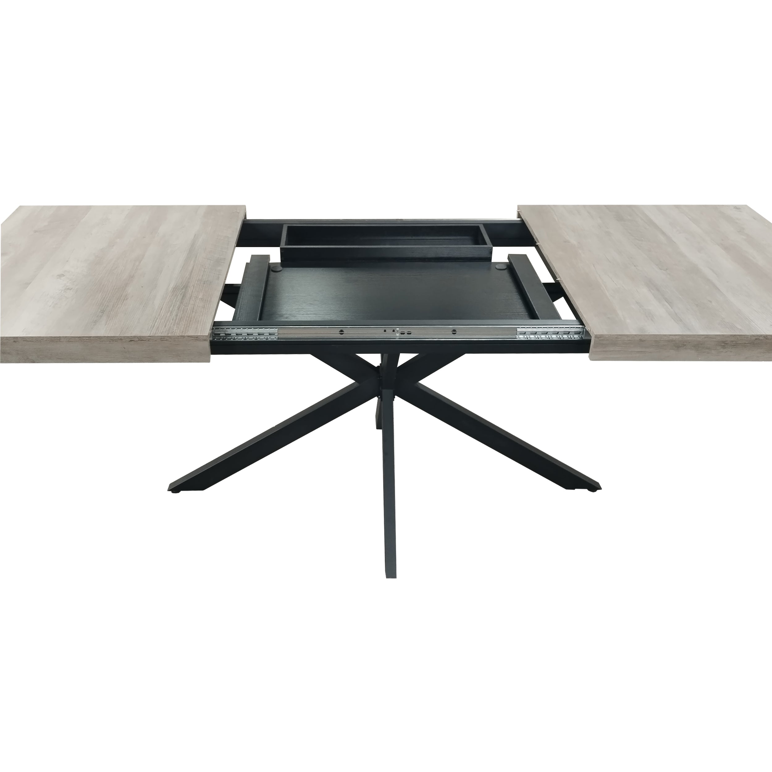 Retro Rectangular Stretch Dining Table in Grey Carole Top with Black Embossed Center Plate and Black Fine Sand Cross Iron Base, Storage Box Included, 55.11''-70.86'' Expandable - Grand Goldman Shop