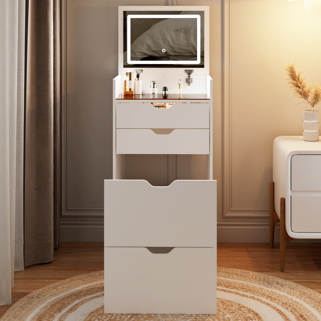 Dressing Table and Stool, 3-in-1 Multifunctional Dressing Table Set, Featuring Three-color Lighting Modes, HD Mirror, Two Sliding Drawers, and a Hidden Storage Stool - Grand Goldman Shop
