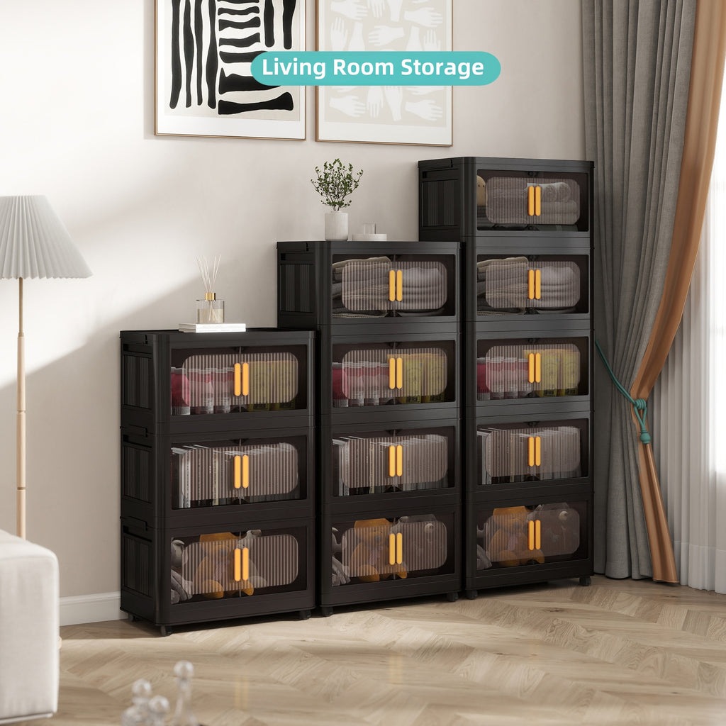 Black,20' Side Wide Folding Storage Cabinet ,4 Tiers,19.69'×11.81'×40.55',Collapsible Storage Bins with Magnetic Door, Plastic Storage Cabinet with Wheels - Grand Goldman Shop
