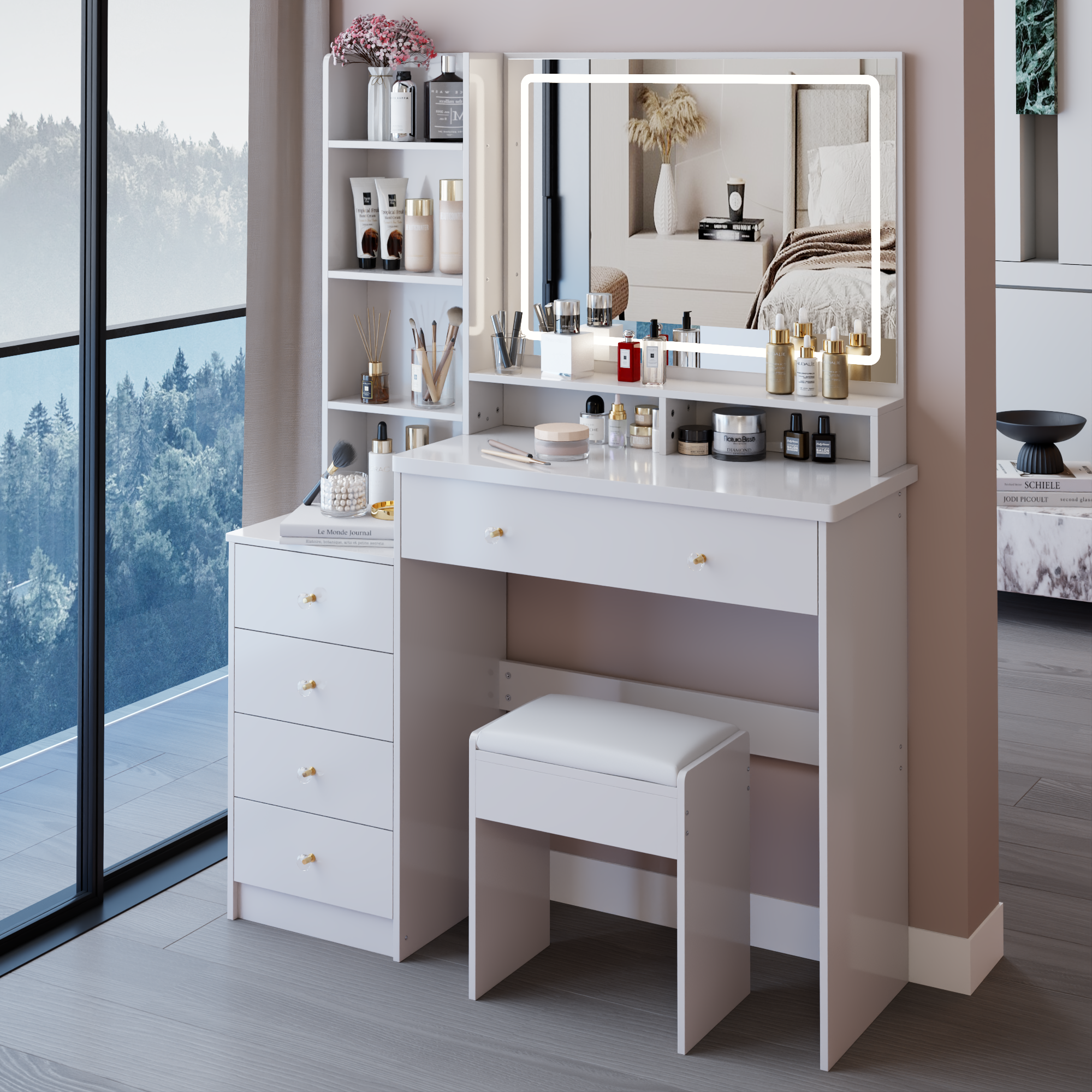 41' Large Sized Bedside Cabinet Vanity Table + Cushioned Stool, Extra Large Touch Control LED Mirror, 3-color Switch, Multi Layer High Capacity Storage Fashionable Dresser, EPA, GCC, UL Certificate - Grand Goldman Shop
