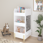 Kids Bookshelf with Chalkboard Side – Bear-Shaped Wooden Bookcase with 3-Tier Storage, Drawing Board for Toddlers, Toy and Bo