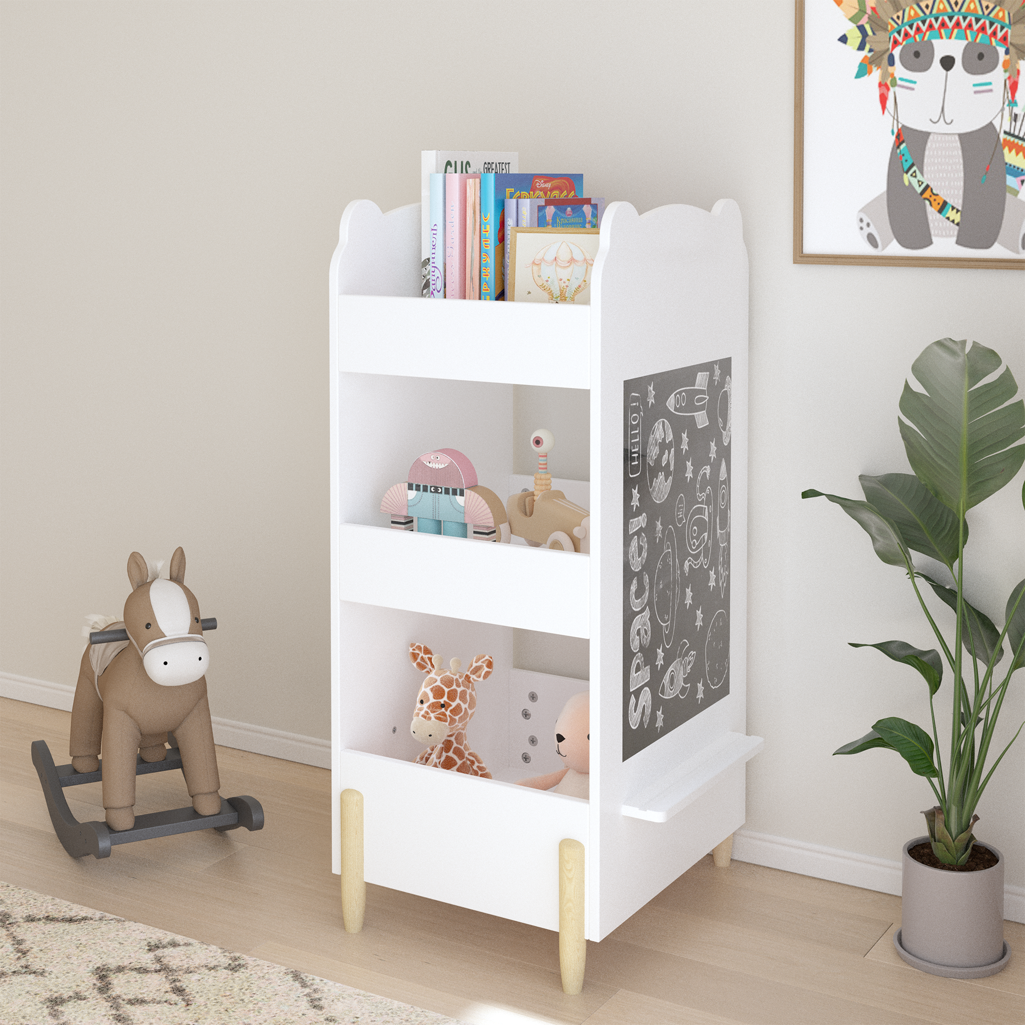 Kids Bookshelf with Chalkboard Side – Bear-Shaped Wooden Bookcase with 3-Tier Storage, Drawing Board for Toddlers, Toy and Bo