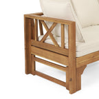 Outdoor Extendable Acacia Wood 3 Seater Sofa, Upholstered Cushion Couch, Daybed Sofa Chair, Spacious Seating Lounge Chair, Patio Daybed Sofa for Garden Yard - Grand Goldman Shop