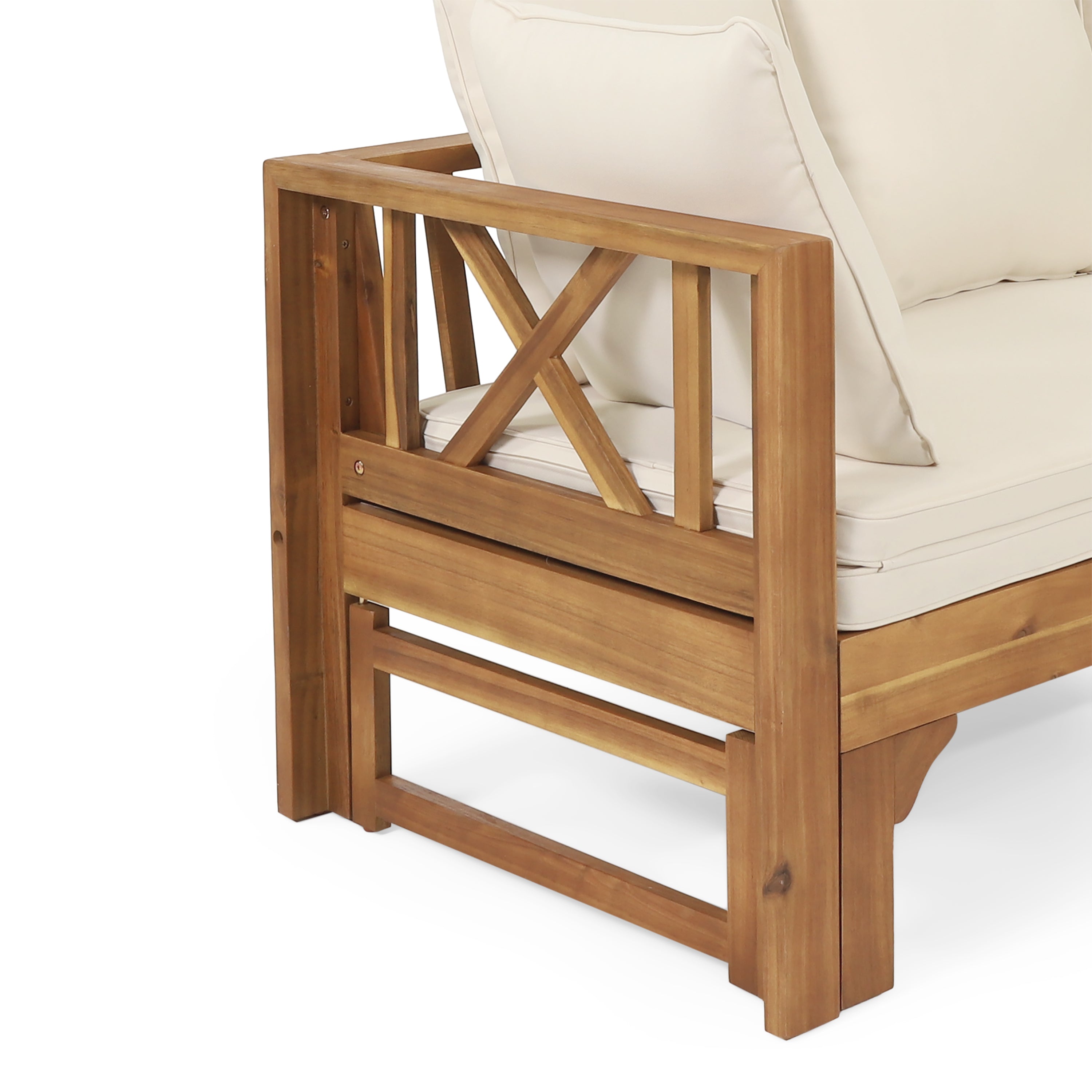 Outdoor Extendable Acacia Wood 3 Seater Sofa, Upholstered Cushion Couch, Daybed Sofa Chair, Spacious Seating Lounge Chair, Patio Daybed Sofa for Garden Yard - Grand Goldman Shop