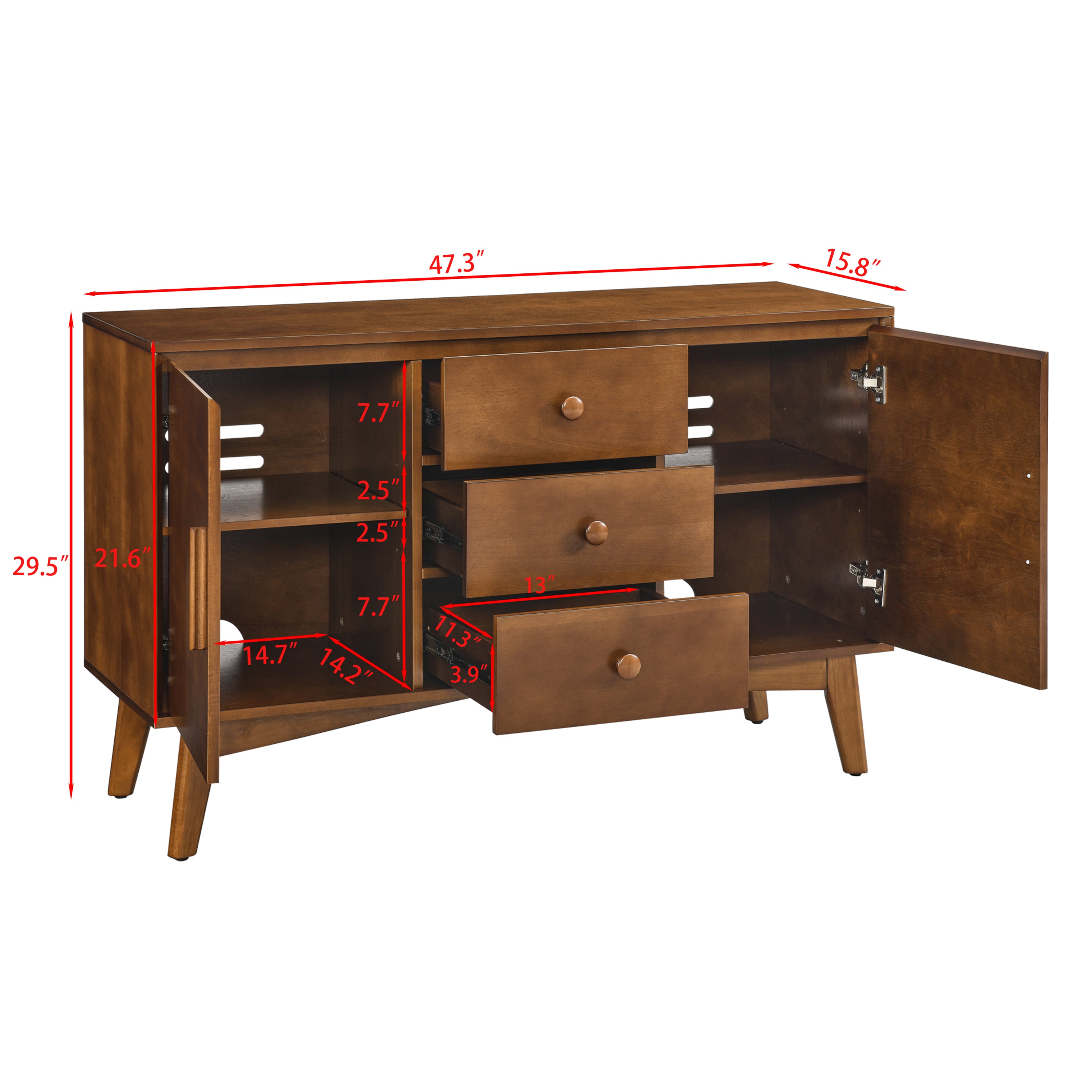 47.3' Mid Century Modern Sideboard Buffet Cabinet with Storage, Storage Cabinet with 2 Doors and 3 Drawers for Kitchen Dining Living Room, Accent Console Table, Walnut - Grand Goldman Shop