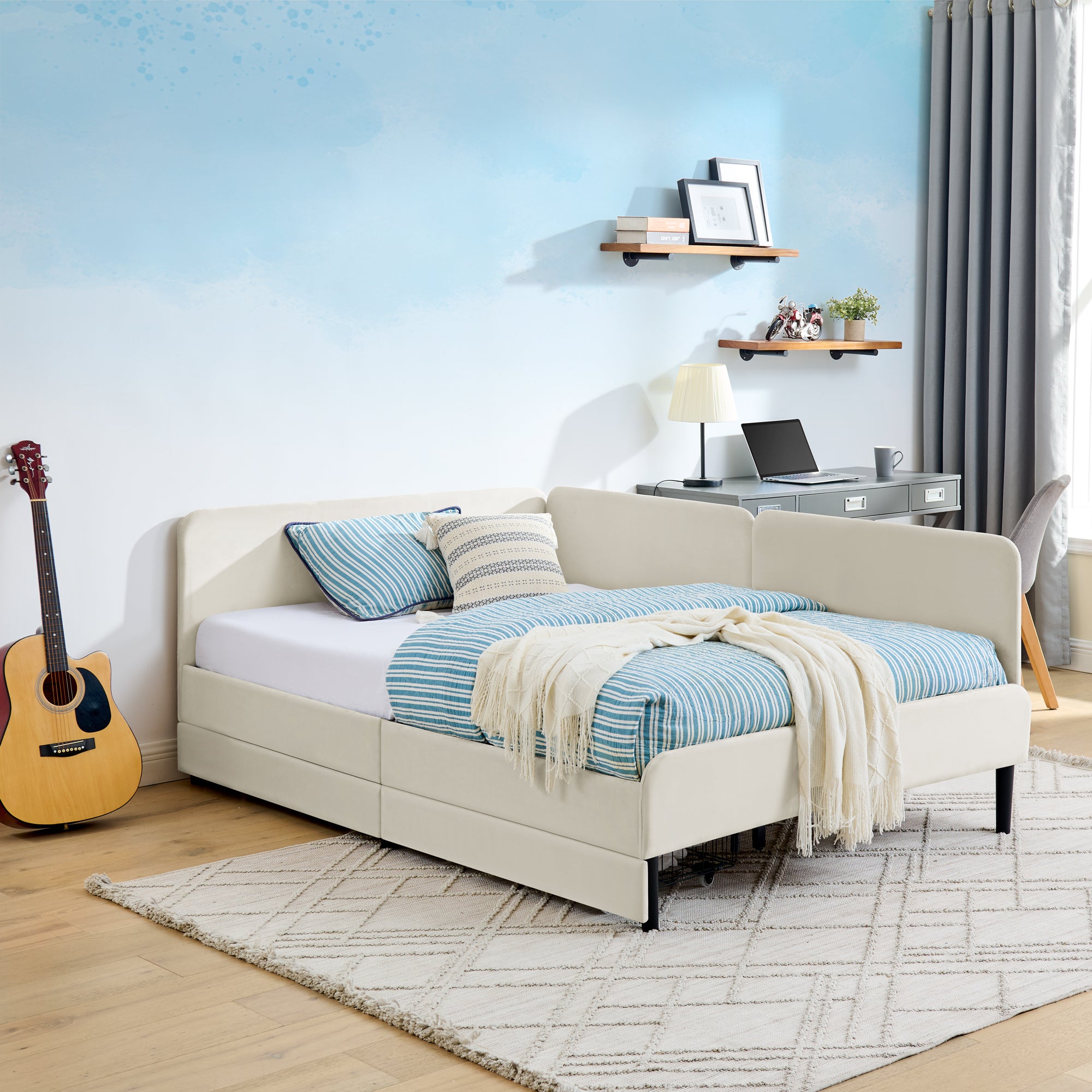 Beige Velvet Upholstered Platform Bed Frame with 2 Storage Drawers and Adjustable Sofa Bed, Full Size - Grand Goldman Shop