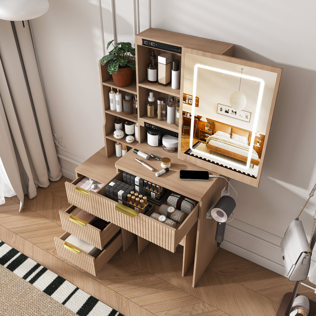 Modern Vanity Desk with 3 LED Lighting Modes, 4 Drawers, Hair Dryer Holder, Power Socket, and Dressing Chair in Walnut Finish, Made of MDF - Grand Goldman Shop