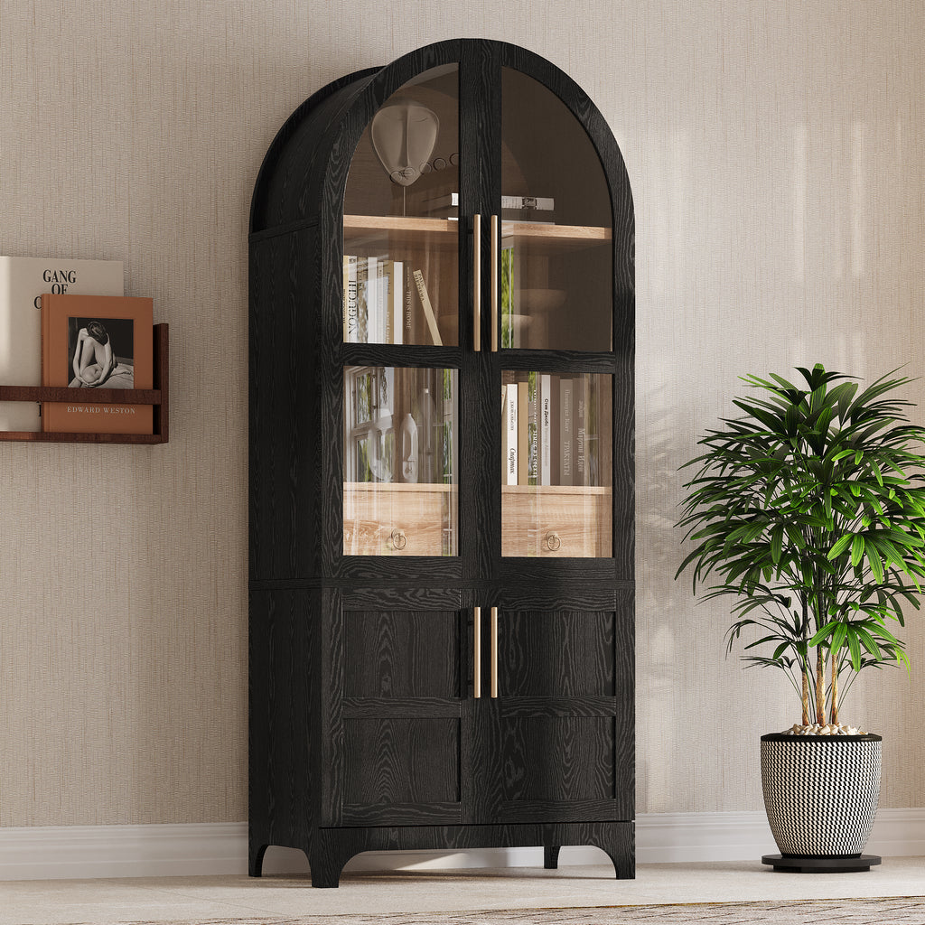 K&K 71' Tall Arched Kitchen Pantry Cabinet with Door Shelves, Farmhouse Kitchen Storage Cabinet with Open & Adjustable Shelves, Hidden Drawer & Glass Door, Cupboard for Kitchen, Dining Room, Black - Grand Goldman Shop