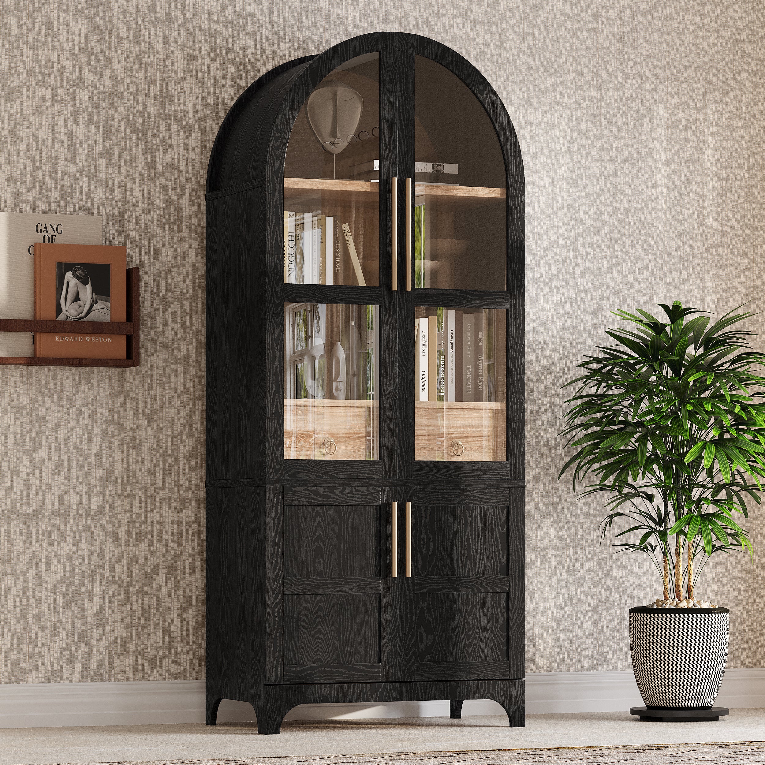 K&K 71' Tall Arched Kitchen Pantry Cabinet with Door Shelves, Farmhouse Kitchen Storage Cabinet with Open & Adjustable Shelves, Hidden Drawer & Glass Door, Cupboard for Kitchen, Dining Room, Black - Grand Goldman Shop