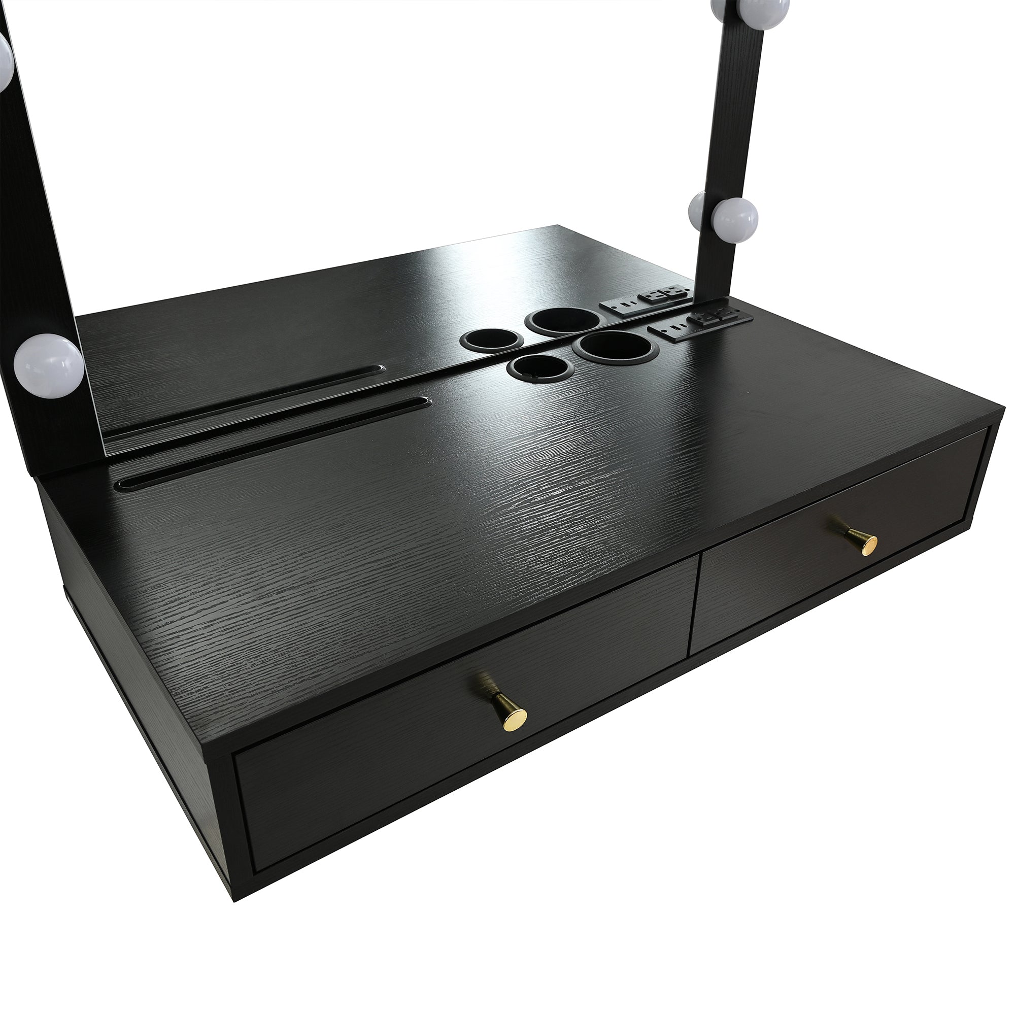 Floating Wall Mounted Makeup Vanity Desk with LED Mirror 3 Color Lights, Compact Dressing Table with Power Outlet & USB Charging, Space Saving Large Storage Vanity for Bedroom Bathroom, Black - Grand Goldman Shop