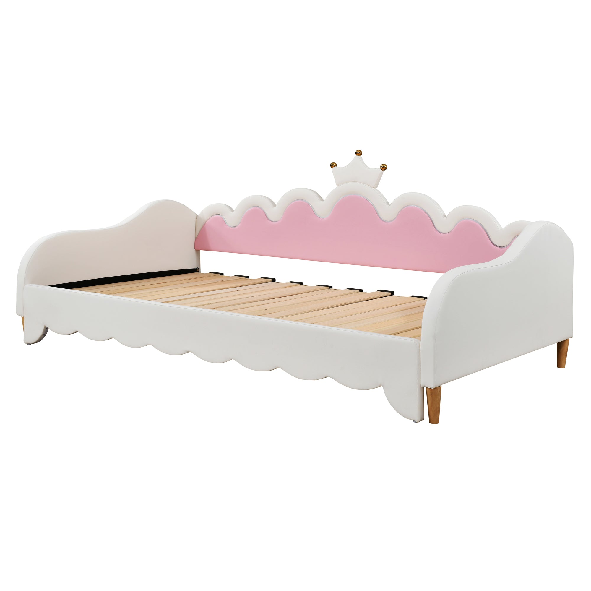 Twin Extending Daybed with LED Lights, Modern Upholstered Princess Daybed With Crown Headboard,White - Grand Goldman Shop