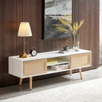 Modern Rattan TV Cabinet with Double Sliding Doors, Adjustable Shelf, Solid Wood Legs, White, 55.12 inches - Grand Goldman Shop