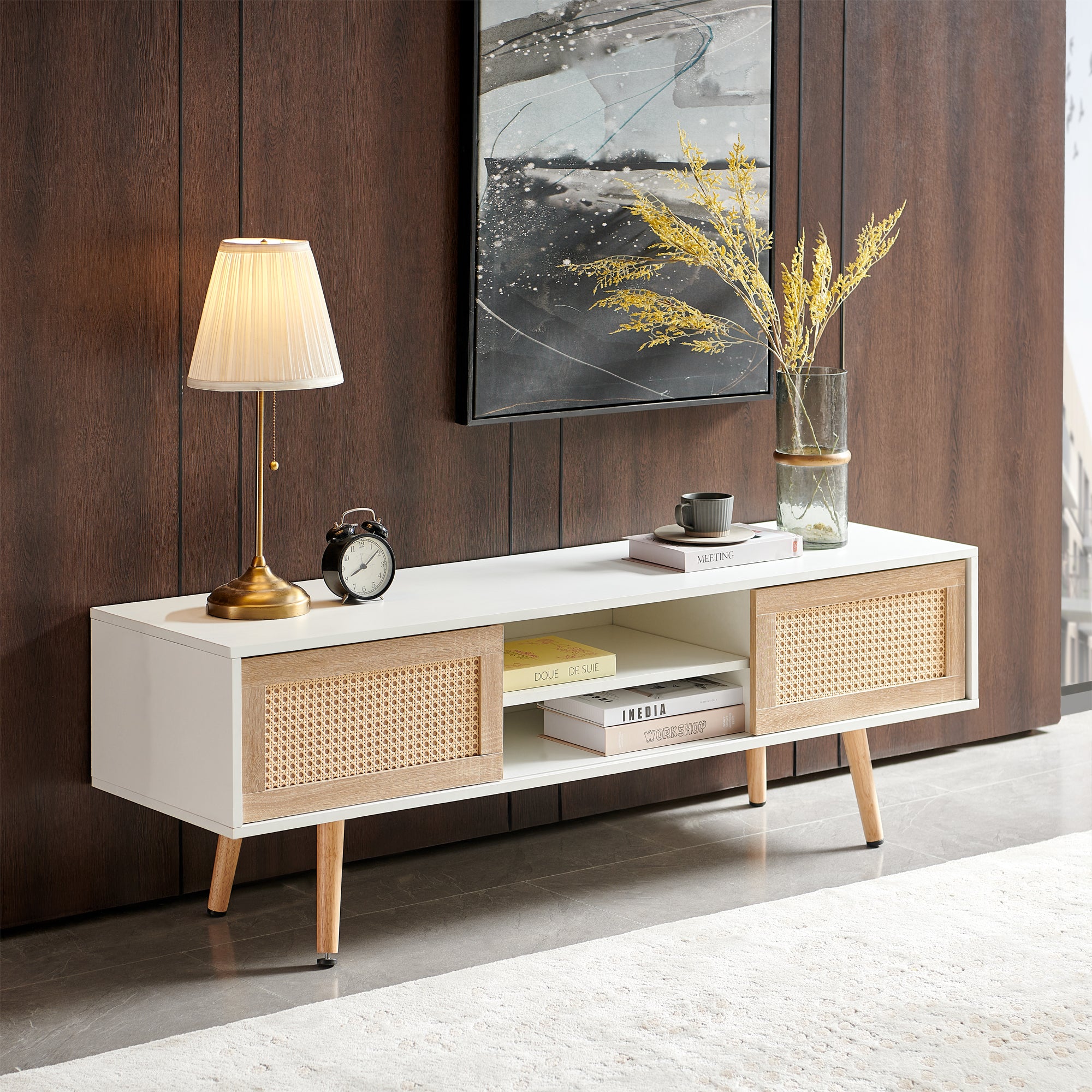 Modern Rattan TV Cabinet with Double Sliding Doors, Adjustable Shelf, Solid Wood Legs, White, 55.12 inches - Grand Goldman Shop