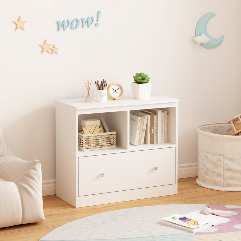 White Wooden Kids Toy Storage Organizer with Large Drawer and Low Bookshelf for Nursery & Playroom, Engineered Wood Cabinet f