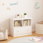 White Wooden Kids Toy Storage Organizer with Large Drawer and Low Bookshelf for Nursery & Playroom, Engineered Wood Cabinet f