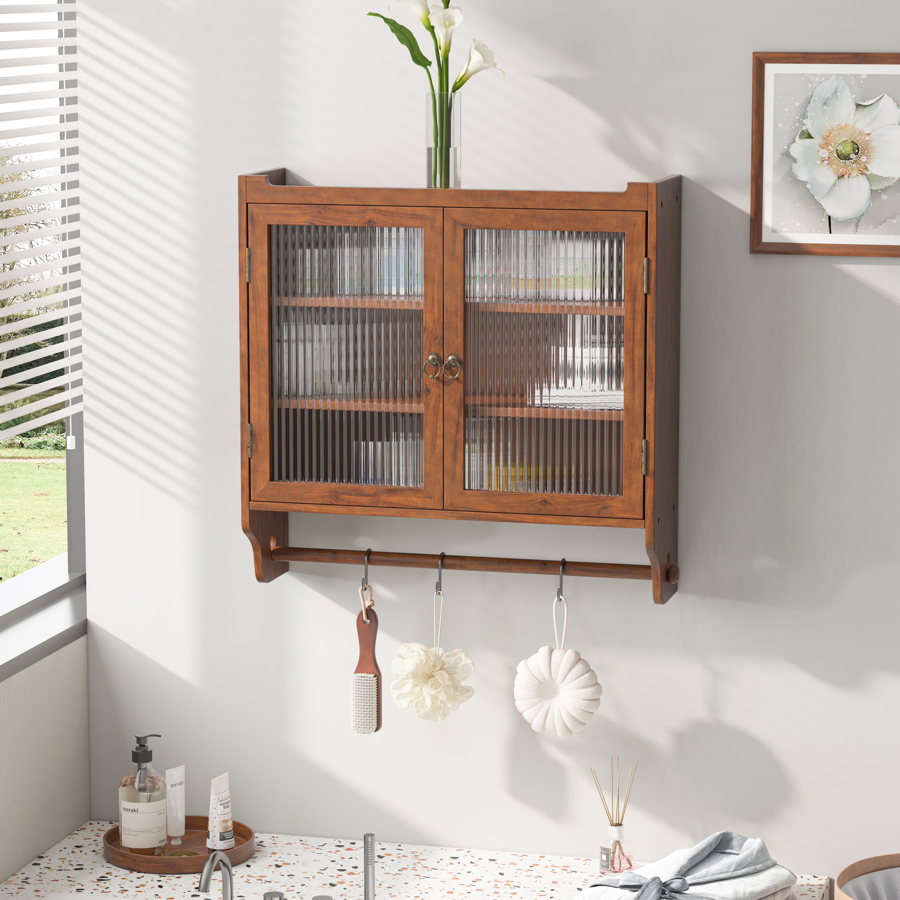 24.8'Glass Door Vintage Double Door Wall Cabinet with Three Tiers of Storage with Towel Rack, for Bathroom, Kitchen,Dining Room,Brown - Grand Goldman Shop