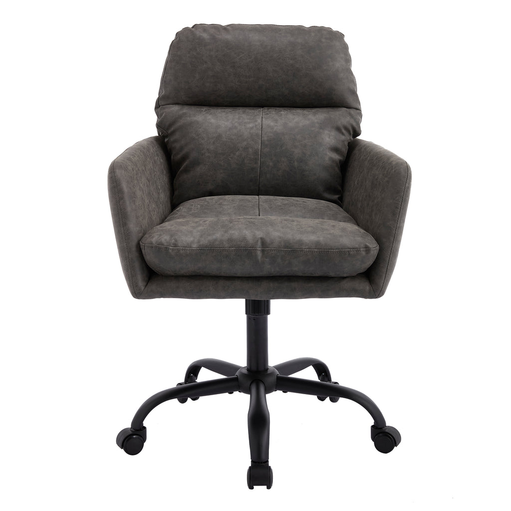 Gray PU Leather Office Chair with Adjustable Height, Black Base, Ergonomic Design for Office Bedroom Dressing Table Use - Gra