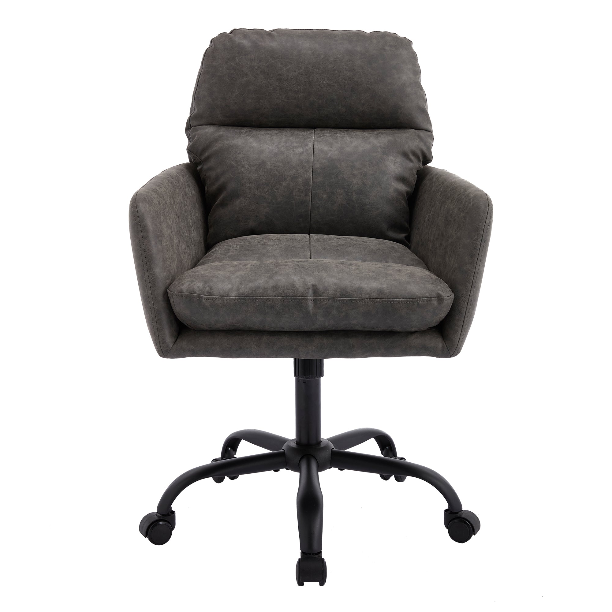 Gray PU Leather Office Chair with Adjustable Height, Black Base, Ergonomic Design for Office Bedroom Dressing Table Use - Gra