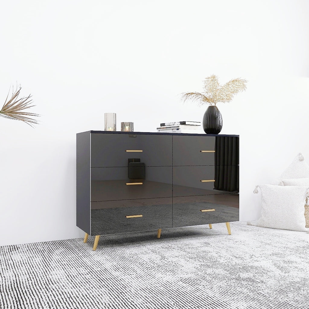 High Glossy Surface 6 Drawers Chest of Drawer with Golden Handle and Golden Steel Legs Black Color Vanity - Grand Goldman Shop