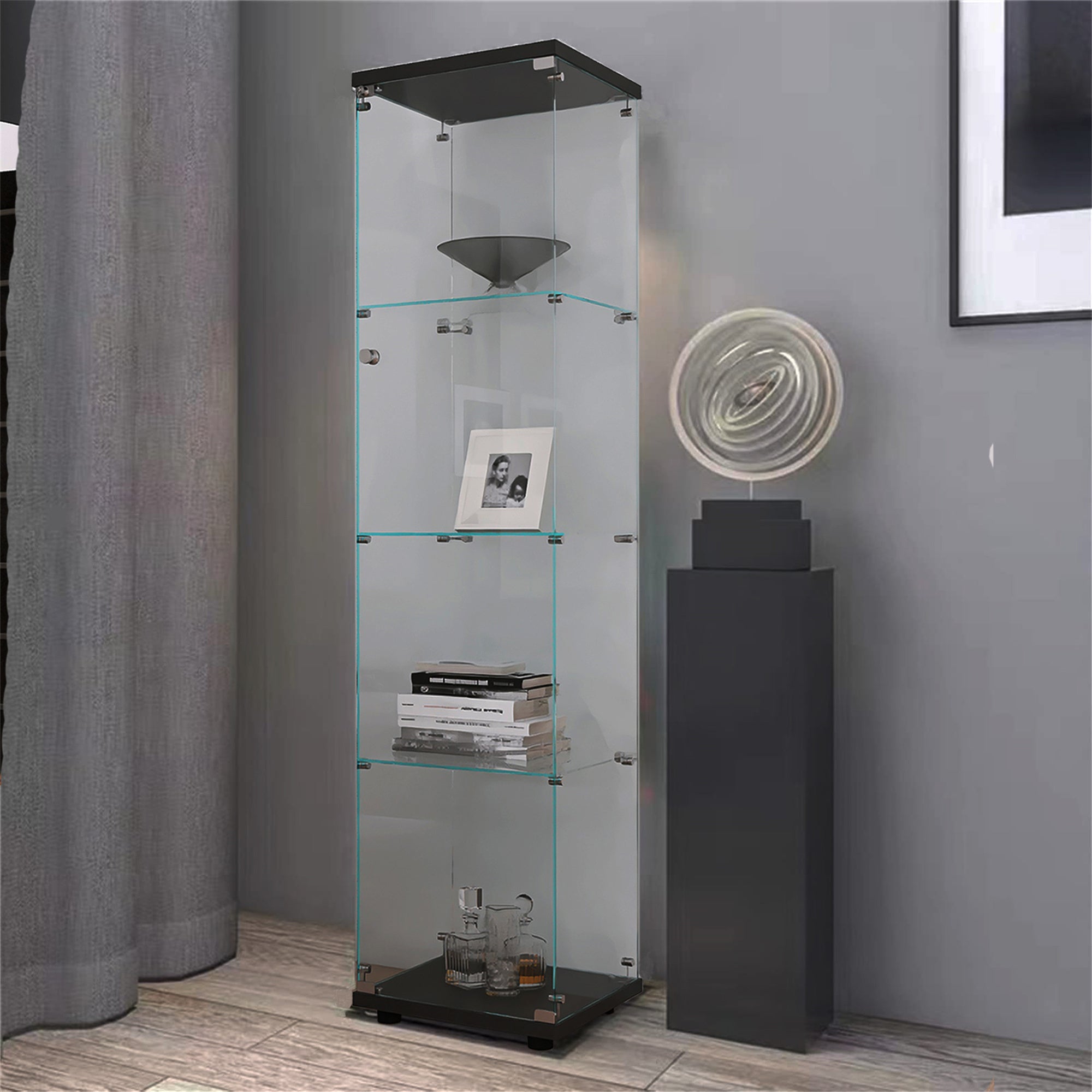 4 Shelves Glass Cabinet Glass Display Cabinet with One Door, Black - Grand Goldman Shop
