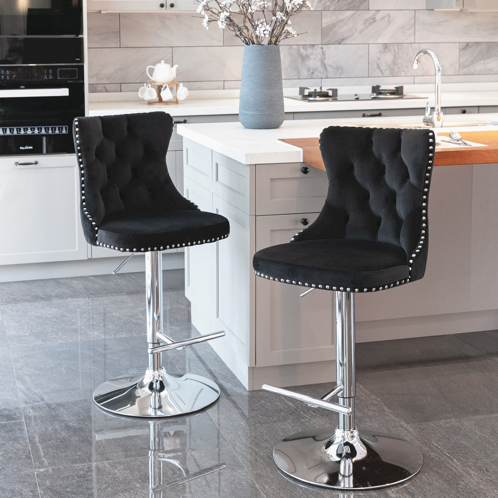 A&A Furniture Modern Swivel Velvet Barstools with Adjustable Height and Chrome Base, Black, Set of 2 - Grand Goldman Shop